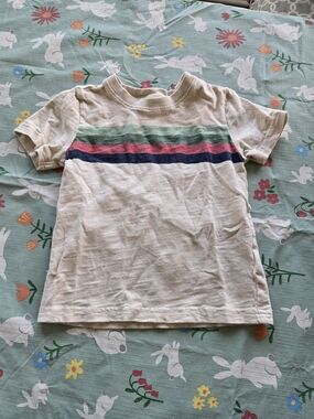 Janie and Jack Cream Tee with Green Pink and Navy Stripes